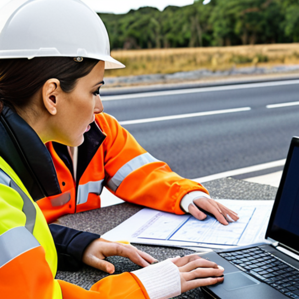 ** A diverse group of traffic safety professionals (male and female) collaborating on a road safety project, analyzing data on a laptop and discussing solutions. Focus on the importance of road safety and data-driven decision-making.

**