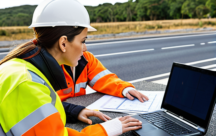 ** A diverse group of traffic safety professionals (male and female) collaborating on a road safety project, analyzing data on a laptop and discussing solutions. Focus on the importance of road safety and data-driven decision-making.

**