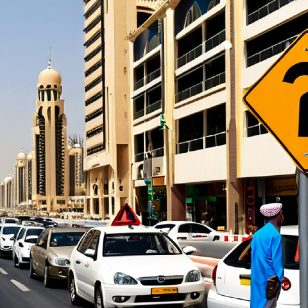 **Image Prompt:** A driver attentively observing diverse traffic signs (regulatory, warning, guide) on a busy city street in Dubai. The focus is on clear signage and the driver's focused gaze.