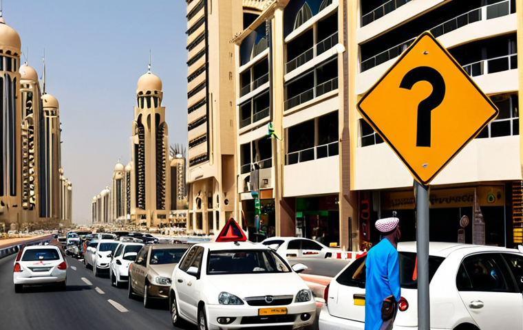 **Image Prompt:** A driver attentively observing diverse traffic signs (regulatory, warning, guide) on a busy city street in Dubai. The focus is on clear signage and the driver's focused gaze.