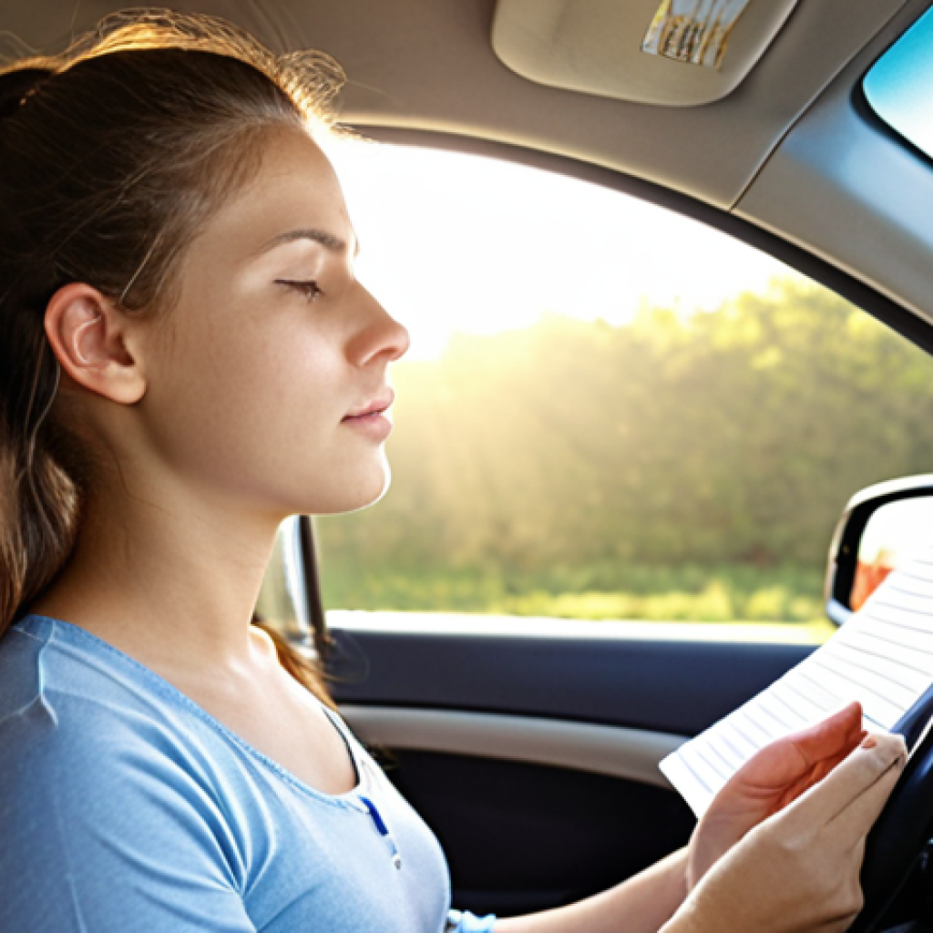 **

Nervous student driver preparing for driving test, practicing deep breathing exercises, positive affirmations written on a notepad, sunny morning, calm environment.

**