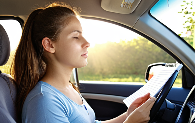 **

Nervous student driver preparing for driving test, practicing deep breathing exercises, positive affirmations written on a notepad, sunny morning, calm environment.

**