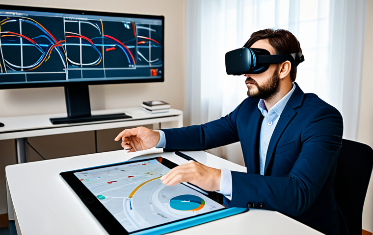 A focused and diligent individual, an adult in their late 20s or early 30s, wearing modest yet professional casual attire, is seated at a modern desk. They are deeply engaged with a large tablet displaying interactive traffic scenarios and complex theoretical driving questions. A sleek virtual reality headset lies on the desk nearby, suggesting advanced learning methods. The background is a clean, contemporary study space with subtle, abstract digital infographics of various traffic signs and road rules. The scene emphasizes deep understanding and modern learning. fully clothed, appropriate attire, safe for work, perfect anatomy, correct proportions, natural pose, well-formed hands, proper finger count, natural body proportions, professional photography, high quality, family-friendly.