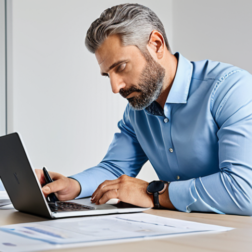 A professional male driving instructor in a modest business shirt and smart trousers, sitting at a clean desk in a well-lit, modern office. He is carefully reviewing official documents and a tablet, with a focused and contemplative expression. The desk is organized with a laptop and a pen. The scene emphasizes professionalism and administrative diligence. Fully clothed, appropriate attire, safe for work, perfect anatomy, correct proportions, natural pose, well-formed hands, proper finger count, natural body proportions, professional photography, high resolution, realistic, appropriate content.