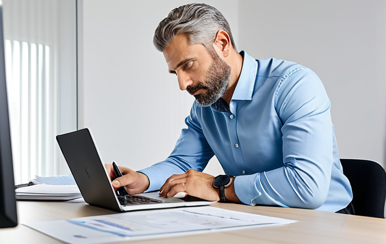 A professional male driving instructor in a modest business shirt and smart trousers, sitting at a clean desk in a well-lit, modern office. He is carefully reviewing official documents and a tablet, with a focused and contemplative expression. The desk is organized with a laptop and a pen. The scene emphasizes professionalism and administrative diligence. Fully clothed, appropriate attire, safe for work, perfect anatomy, correct proportions, natural pose, well-formed hands, proper finger count, natural body proportions, professional photography, high resolution, realistic, appropriate content.