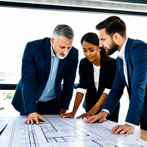 A diverse team of professional urban planners and engineers, fully clothed in modest business attire, collaborating around a large desk in a bright, modern office. They are reviewing blueprints and digital projections related to safe road infrastructure design. The scene emphasizes teamwork and strategic thinking. Appropriate content, safe for work, perfect anatomy, correct proportions, well-formed hands, natural body proportions, professional dress, high quality, family-friendly.