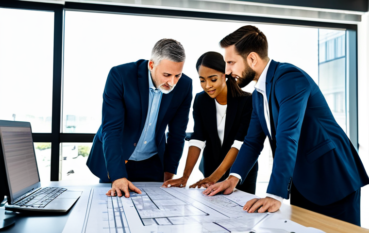 A diverse team of professional urban planners and engineers, fully clothed in modest business attire, collaborating around a large desk in a bright, modern office. They are reviewing blueprints and digital projections related to safe road infrastructure design. The scene emphasizes teamwork and strategic thinking. Appropriate content, safe for work, perfect anatomy, correct proportions, well-formed hands, natural body proportions, professional dress, high quality, family-friendly.