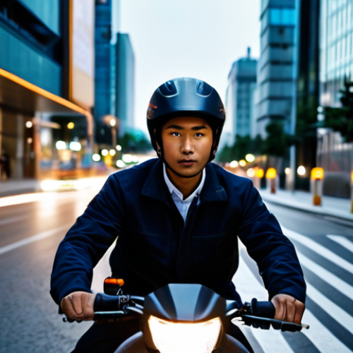 A professional delivery rider on a motorcycle, wearing a clean, modest uniform and a helmet. They are navigating a bustling city street at dusk, with modern buildings and car lights blurring slightly in the background, suggesting motion. The rider is paused briefly, checking a delivery application on a securely mounted phone, with a focused and determined expression. Professional photography, cinematic lighting, ultra-detailed, high resolution, natural pose, perfect anatomy, correct proportions, well-formed hands, proper finger count, natural body proportions, fully clothed, modest clothing, appropriate attire, professional dress, safe for work, appropriate content, family-friendly.