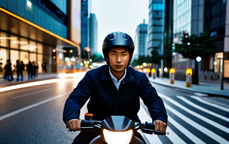 A professional delivery rider on a motorcycle, wearing a clean, modest uniform and a helmet. They are navigating a bustling city street at dusk, with modern buildings and car lights blurring slightly in the background, suggesting motion. The rider is paused briefly, checking a delivery application on a securely mounted phone, with a focused and determined expression. Professional photography, cinematic lighting, ultra-detailed, high resolution, natural pose, perfect anatomy, correct proportions, well-formed hands, proper finger count, natural body proportions, fully clothed, modest clothing, appropriate attire, professional dress, safe for work, appropriate content, family-friendly.