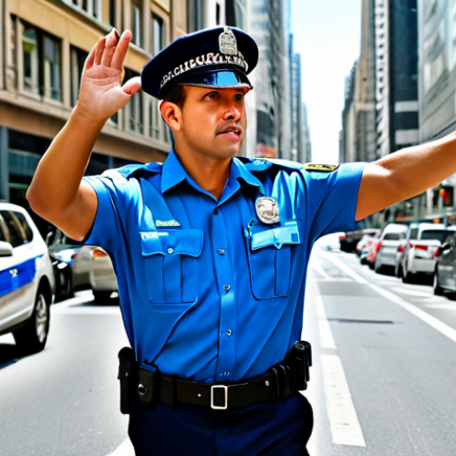 **

"A professional traffic officer, fully clothed in appropriate uniform, directing traffic in a busy city street, daytime, modest, safe for work, perfect anatomy, natural pose, professional photography, high quality."

**