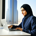 A professional Arab businesswoman in a modest, tailored suit, working on a laptop in a modern, sunlit office in Dubai, fully clothed, appropriate attire, safe for work, perfect anatomy, natural proportions, professional photography, high quality.