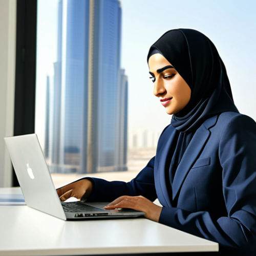 A professional Arab businesswoman in a modest, tailored suit, working on a laptop in a modern, sunlit office in Dubai, fully clothed, appropriate attire, safe for work, perfect anatomy, natural proportions, professional photography, high quality.