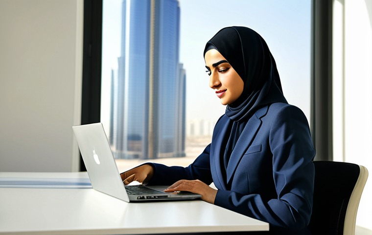 A professional Arab businesswoman in a modest, tailored suit, working on a laptop in a modern, sunlit office in Dubai, fully clothed, appropriate attire, safe for work, perfect anatomy, natural proportions, professional photography, high quality.
