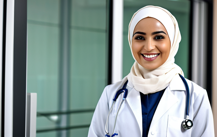 도로교통사 필기시험 대비를 위한 암기법 - A professional female doctor in a modest hijab and lab coat, smiling warmly in a modern hospital set...
