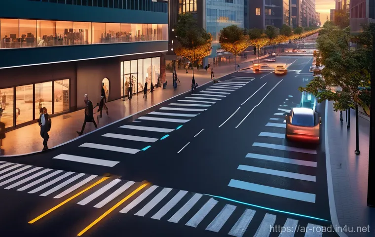 도로교통사 직무의 미래 전망 - **Prompt:** A bustling, futuristic city intersection at sunset, viewed from a slightly elevated pers...