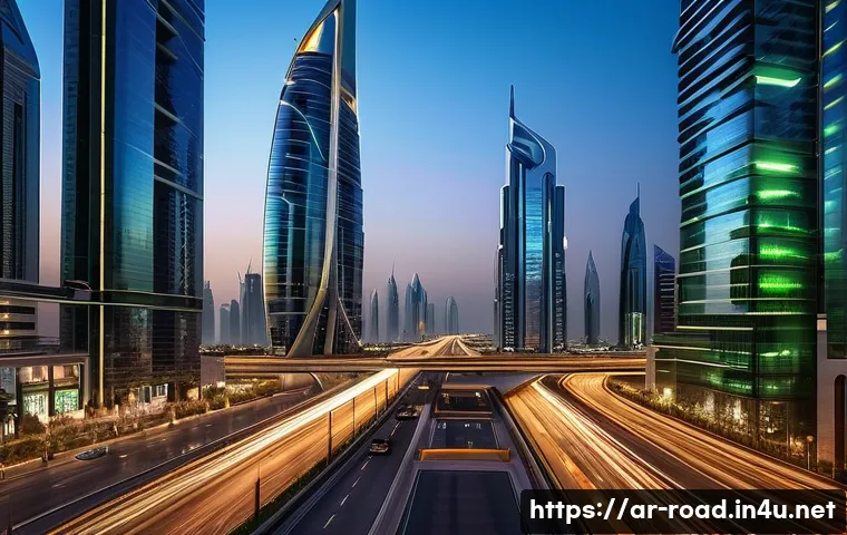 도로교통사 직업의 장래성과 안정성 - **Prompt:** A futuristic, bustling cityscape in the Middle East, such as Dubai or Riyadh, at twiligh...