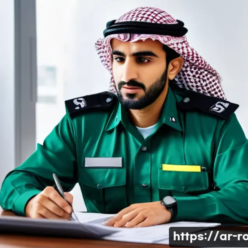 도로교통사 이직을 위한 자기소개서 작성법 - A professional Arabic traffic officer in a neatly pressed uniform, organizing detailed traffic sched...