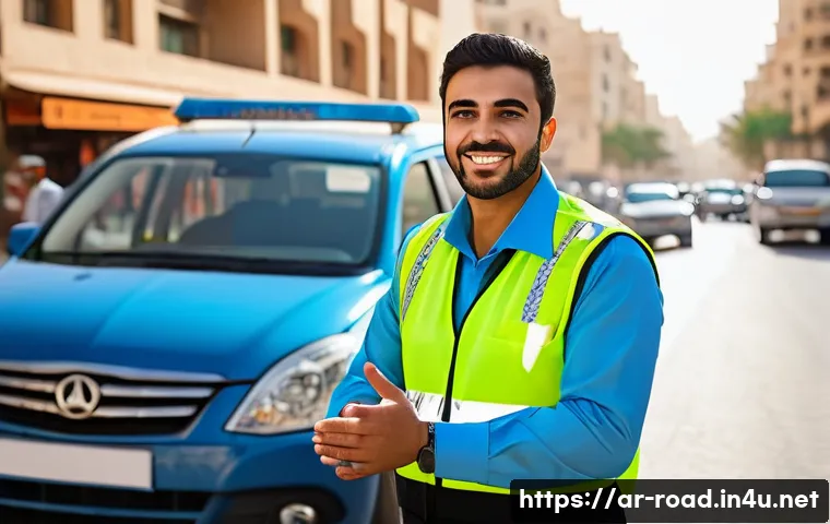 도로교통사 직무에서 성공하는 법 - A professional Middle Eastern male traffic officer wearing a neatly pressed uniform with reflective ...