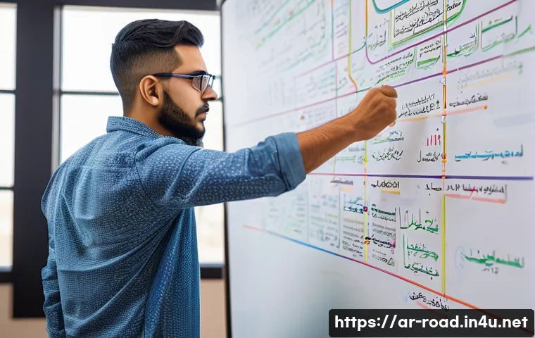 도로교통사 시험 준비를 위한 필수 학습 방법 - A detailed scene of a young Arab adult studying traffic laws using a colorful, intricate mind map on...