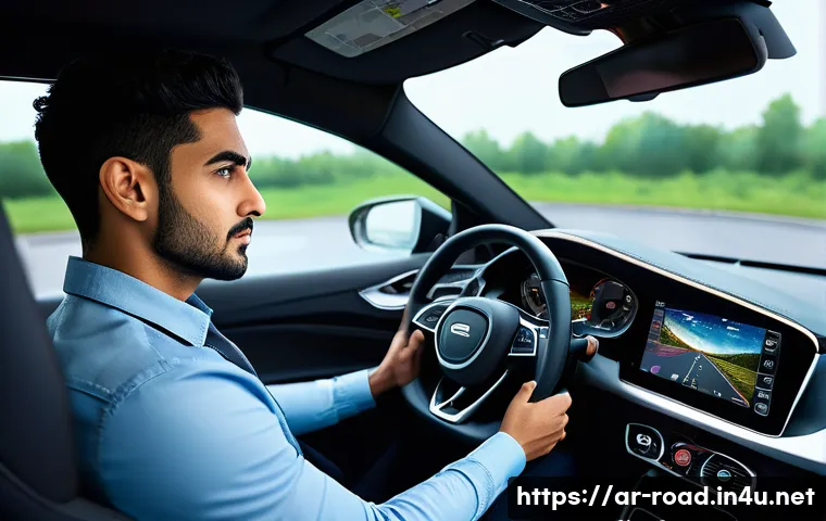 도로교통사 실기시험 준비에 필요한 자원 - A detailed scene of a young adult Arabic man wearing casual clothes and a seatbelt, sitting inside a...