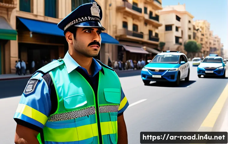 도로교통사 직무에 적합한 성격 - A professional Middle Eastern traffic officer in a neatly pressed uniform, standing confidently on a...