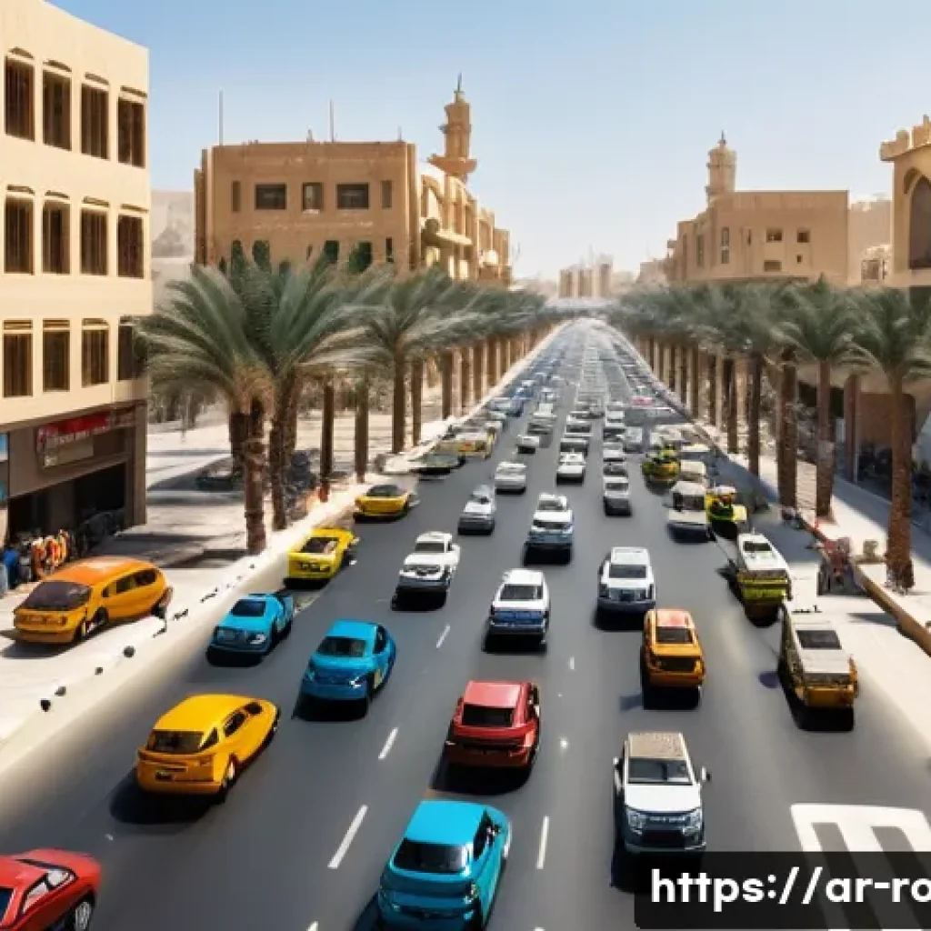 도로교통사 실습 과정에서 배우는 것 - A detailed scene of a busy urban intersection in an Arabic city during daylight, showing diverse veh...