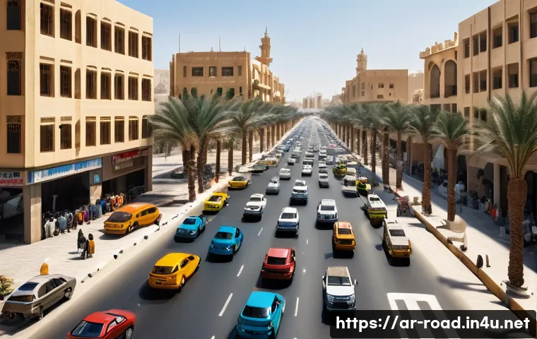 도로교통사 실습 과정에서 배우는 것 - A detailed scene of a busy urban intersection in an Arabic city during daylight, showing diverse veh...