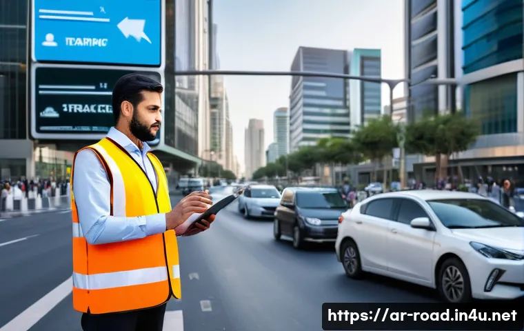 도로교통사 자격증 취득 후 취업 전략 - A professional traffic specialist in a modern Middle Eastern city setting, wearing a neat uniform an...