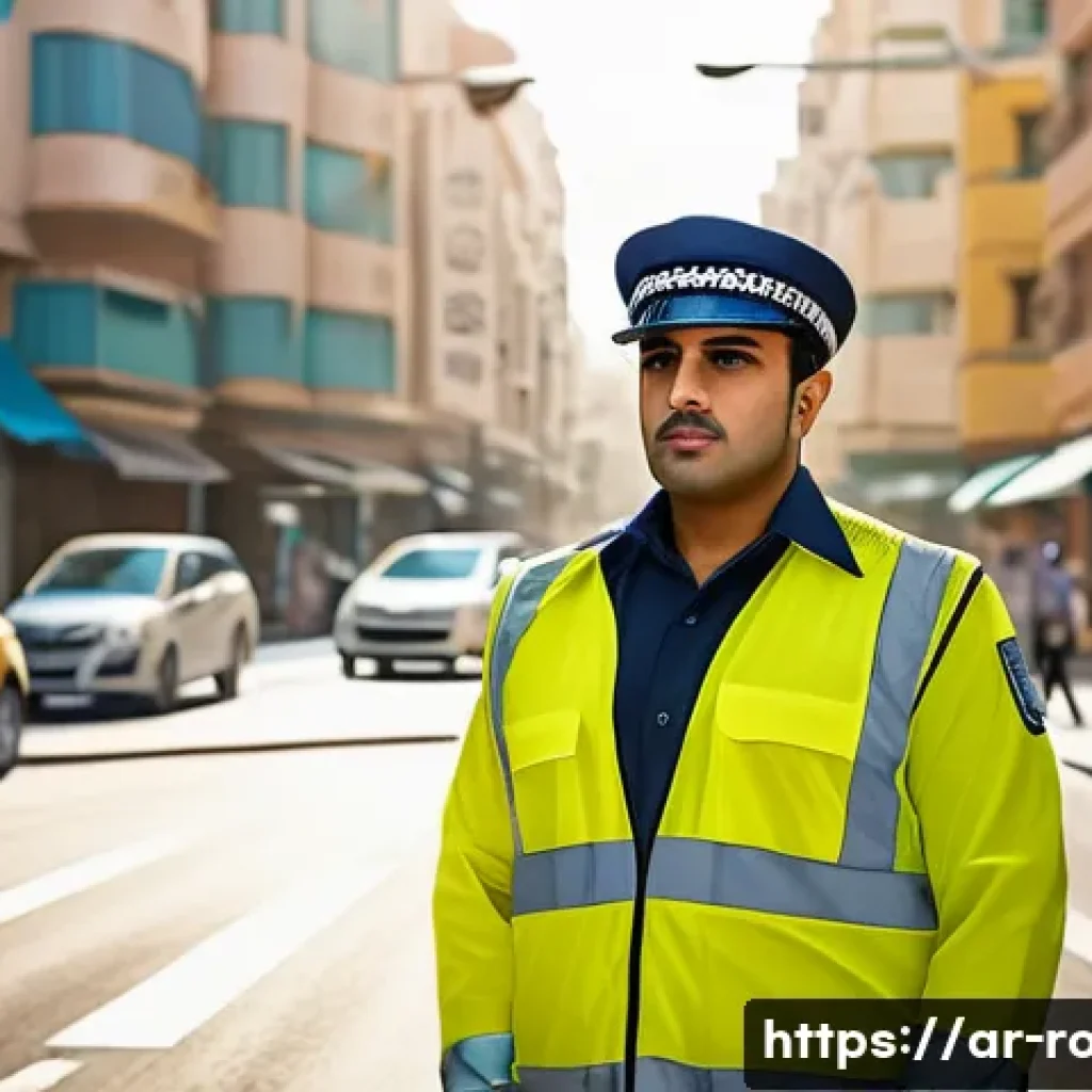 도로교통사 실무 과정의 현실적 난이도 - A detailed scene of a Middle Eastern traffic officer in a modern urban setting, wearing a crisp unif...