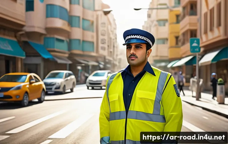 도로교통사 실무 과정의 현실적 난이도 - A detailed scene of a Middle Eastern traffic officer in a modern urban setting, wearing a crisp unif...
