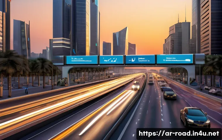 도로교통사 직무 수행을 위한 기술 - A futuristic smart traffic monitoring system in a bustling Middle Eastern city at dusk, featuring hi...