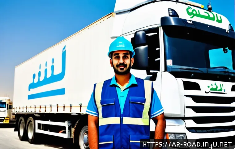 도로교통사 자격증 취득 후 직업 선택의 폭 - A professional Middle Eastern male truck driver wearing a neatly pressed uniform and safety vest, st...