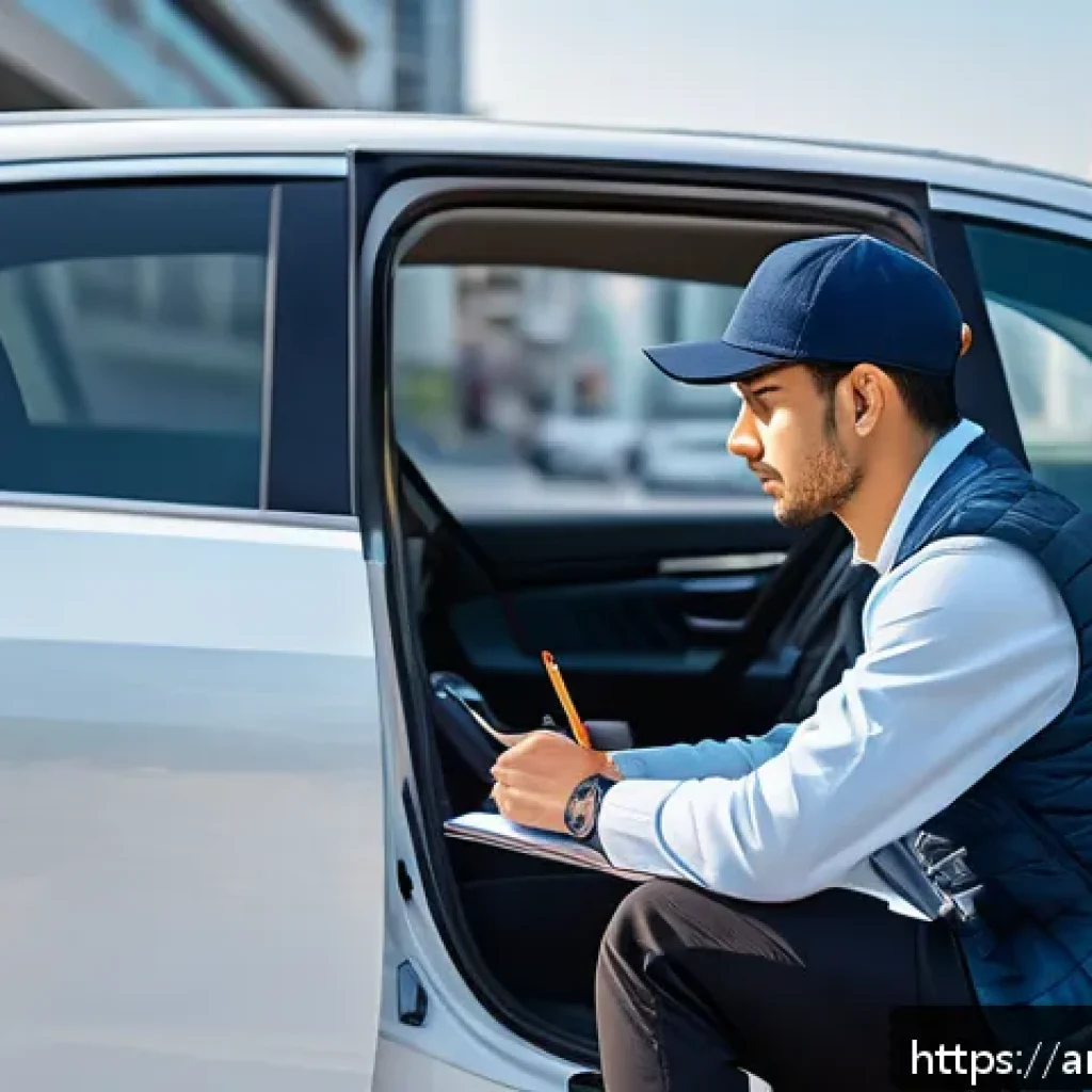 도로교통사 실기시험 필수 장비 - A young Arab man preparing for his driving test in a modern Korean city setting, wearing comfortable...