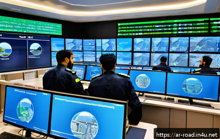 도로교통사 실무에서의 팀워크 - A vibrant, detailed scene of an Arabic-speaking traffic control center in a Middle Eastern city, wit...