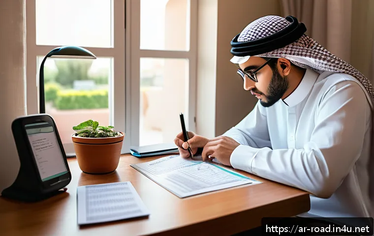 도로교통사 필기시험 준비 방법 - A focused young Arab student studying for a driving theory test at a tidy desk in a cozy room, weari...