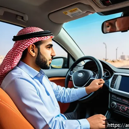Home 33 도로교통사 필기시험 대비 최신 문제 분석 - A detailed scene of a young Middle Eastern adult male driver wearing casual modern clothing and safe...