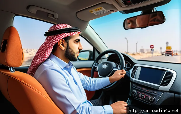 도로교통사 필기시험 대비 최신 문제 분석 - A detailed scene of a young Middle Eastern adult male driver wearing casual modern clothing and safe...