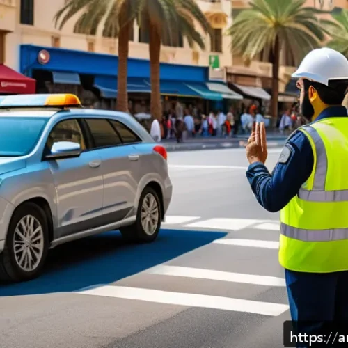 Home 32 도로교통사 업무 스킬 향상법 - A detailed scene of a Middle Eastern traffic officer in a busy urban intersection during daytime, we...
