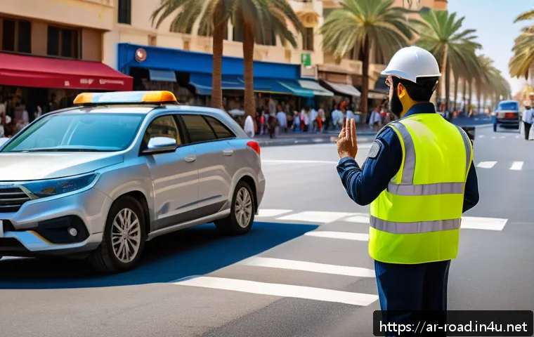 도로교통사 업무 스킬 향상법 - A detailed scene of a Middle Eastern traffic officer in a busy urban intersection during daytime, we...