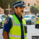 Home 19 도로교통사 직무의 직업 만족도 - A detailed scene depicting an Arab traffic police officer standing on a busy urban street in the Mid...