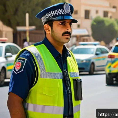 Home 31 도로교통사 직무의 직업 만족도 - A detailed scene depicting an Arab traffic police officer standing on a busy urban street in the Mid...