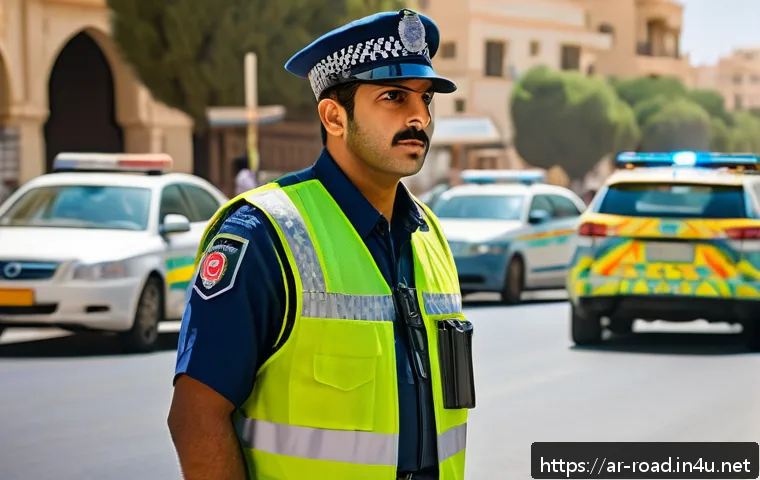 도로교통사 직무의 직업 만족도 - A detailed scene depicting an Arab traffic police officer standing on a busy urban street in the Mid...