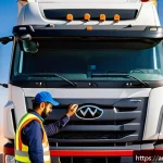 Home 18 도로교통사 취업 면접 예상 질문 - A professional Middle Eastern truck driver wearing a clean, branded uniform and safety vest, inspect...