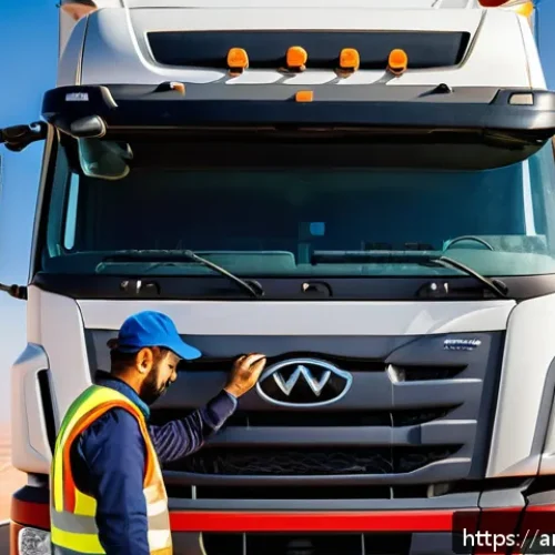 Home 30 도로교통사 취업 면접 예상 질문 - A professional Middle Eastern truck driver wearing a clean, branded uniform and safety vest, inspect...