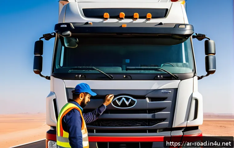 도로교통사 취업 면접 예상 질문 - A professional Middle Eastern truck driver wearing a clean, branded uniform and safety vest, inspect...