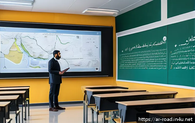 도로교통사 시험 준비를 위한 플래너 작성 - A detailed classroom scene set in a modern Middle Eastern driving school, with an Arab instructor ex...