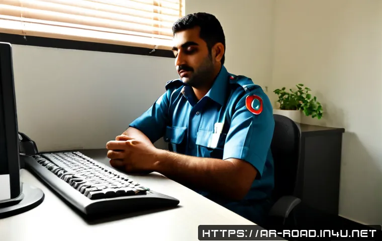 Home 17 도로교통사 업무 스트레스 관리법 - Photorealistic Middle Eastern road traffic authority employee in a neat modest uniform, seated at a ...