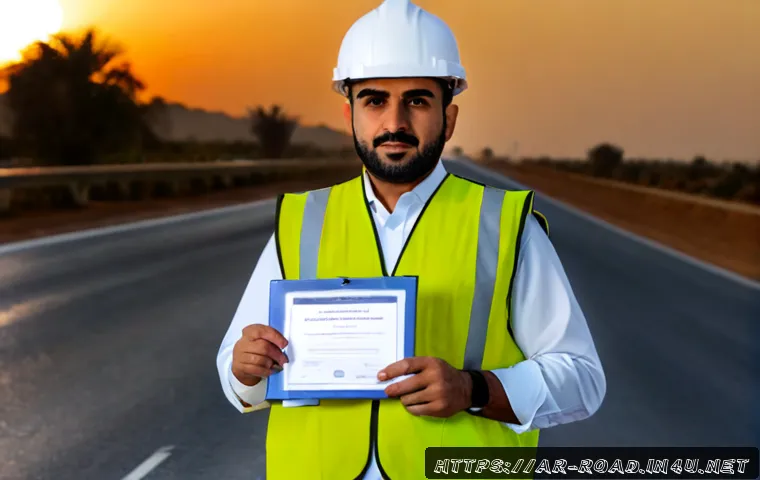 도로교통사 자격증과 직업 안정성 - Photorealistic Middle Eastern traffic safety professional in modest business attire and safety vest,...