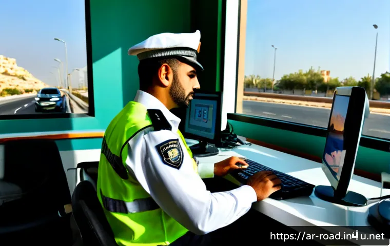 도로교통사 실무에서의 컴퓨터 활용 - Photorealistic road traffic operations office in a modern Arab city, an Arab traffic officer in neat...